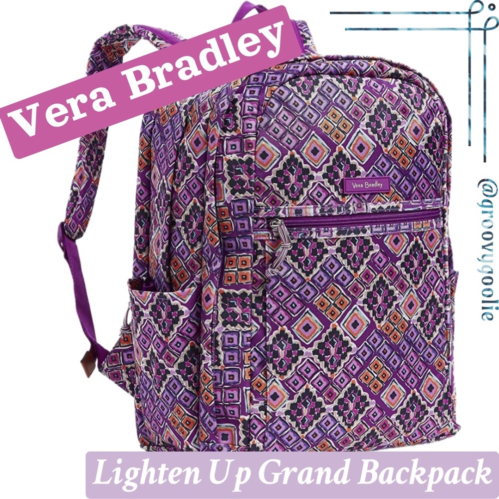 π 2x HP! NEW Vera Bradley Lighten Up Grand Backpack - Dream Diamonds Purple - Picture 2 of 11